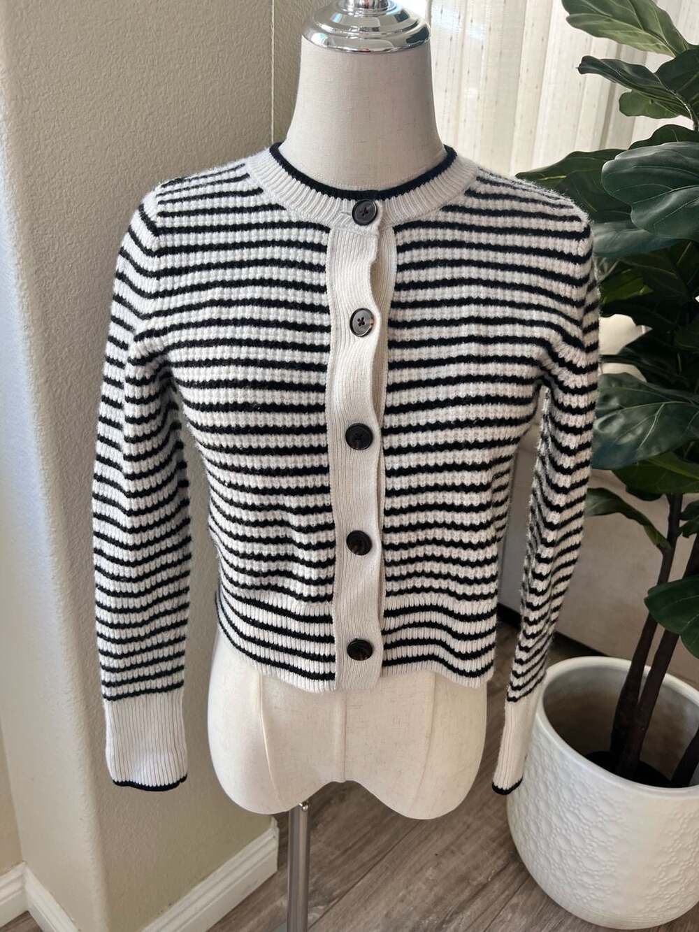 Madewell Black and White Striped Merino Wool Button-Up Cardigan Size XS